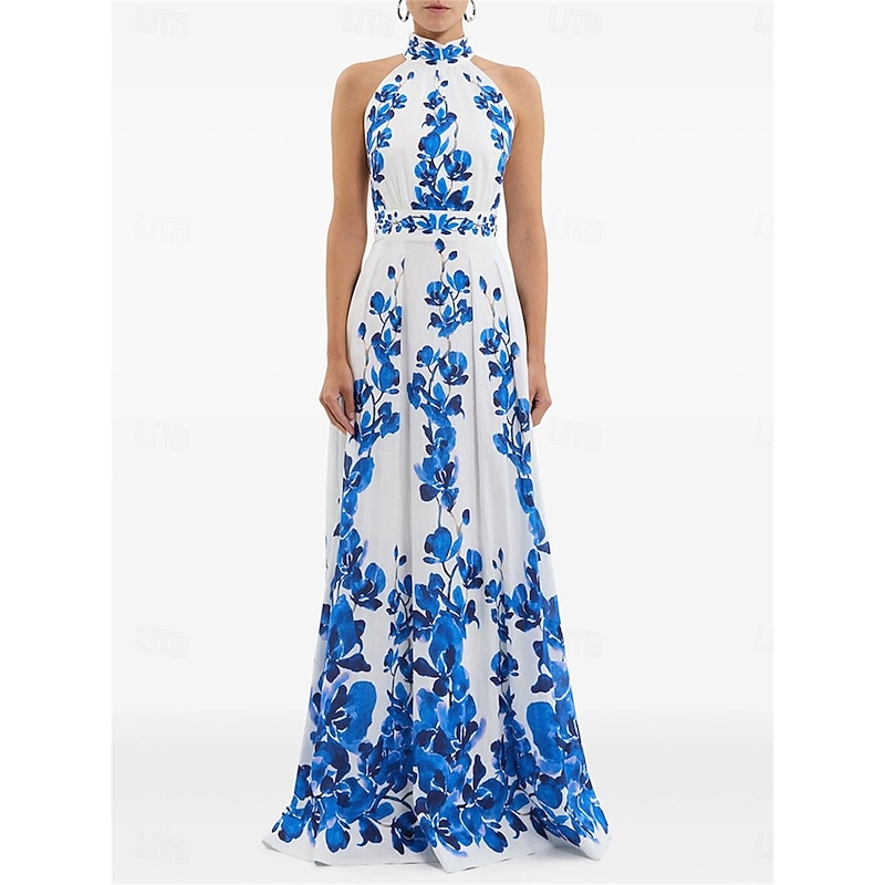 A-Line Quinceanera Dresses Elegant Dress Wedding Wedding Guest Floor Length Sleeveless Halter Neck Chiffon Backless with Floral Print Wedding Guest Dress