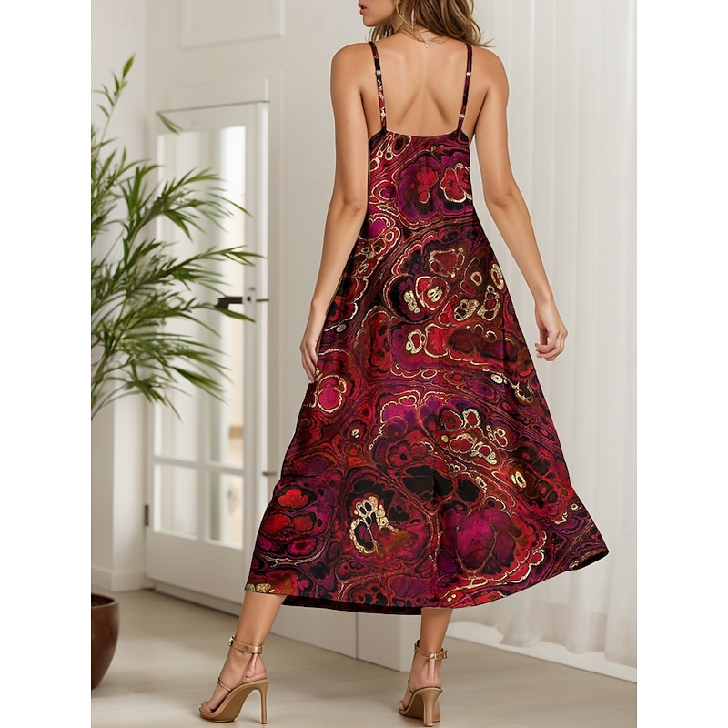 Women's Maxi Dress A Line Dress Summer Dress Slip Dress Vacation Casual Beach Regular Fit Graphic Abstract Marble Sleeveless V Neck Red Blue Purple Green Summer Spring2