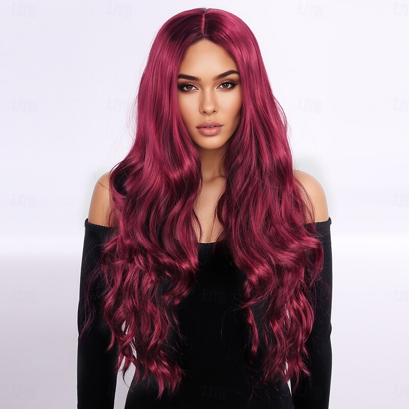Synthetic Wig Wavy Bouncy Curl Layered Haircut With Bangs Machine Made Wig 28 inch A1 Synthetic Hair Women's Elastic Classic Comfortable Burgundy4