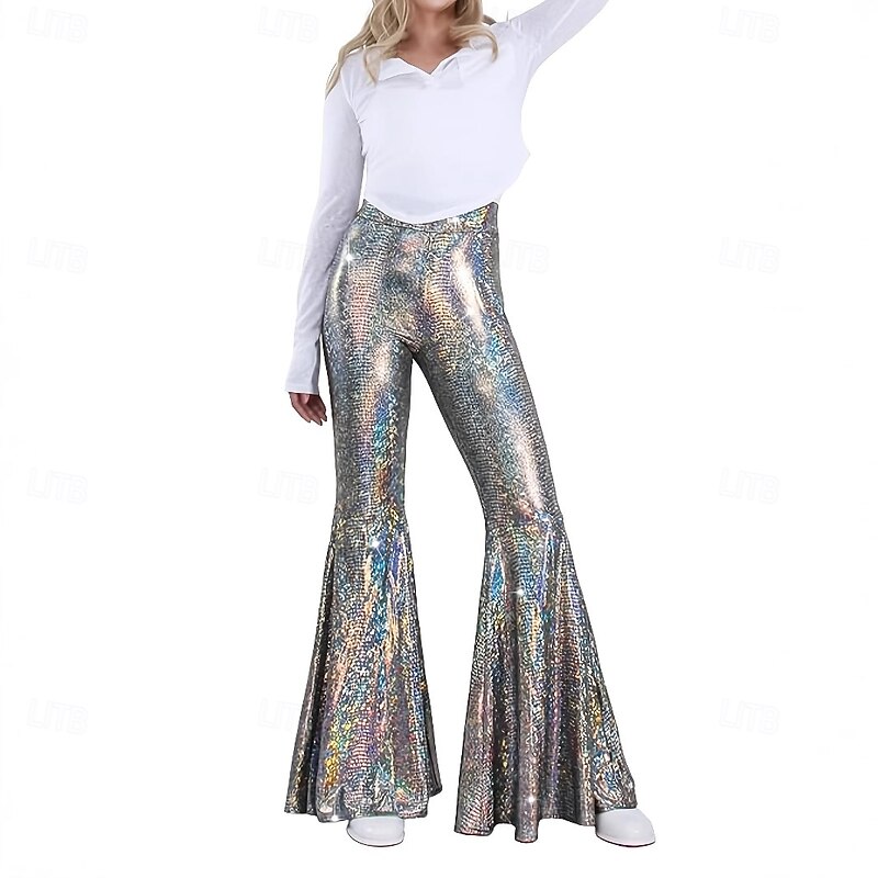 Retro Vintage 1970s Groovy Bell Bottom Pants Flared Trousers Disco High Waist Shiny Latex Patent Metallic Snakeskin Fancy Dress Women's Halloween Carnival Music Festival Retro Theme Party Adults'2