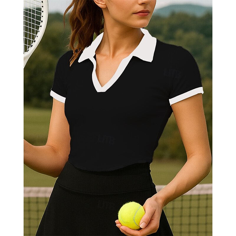 Women's Color Block Tennis Top Short Sleeves Sweat-Wicking Moisture Wicking Breathable Tennis Golf Pickleball Turndown Black White Tennis Clothing4