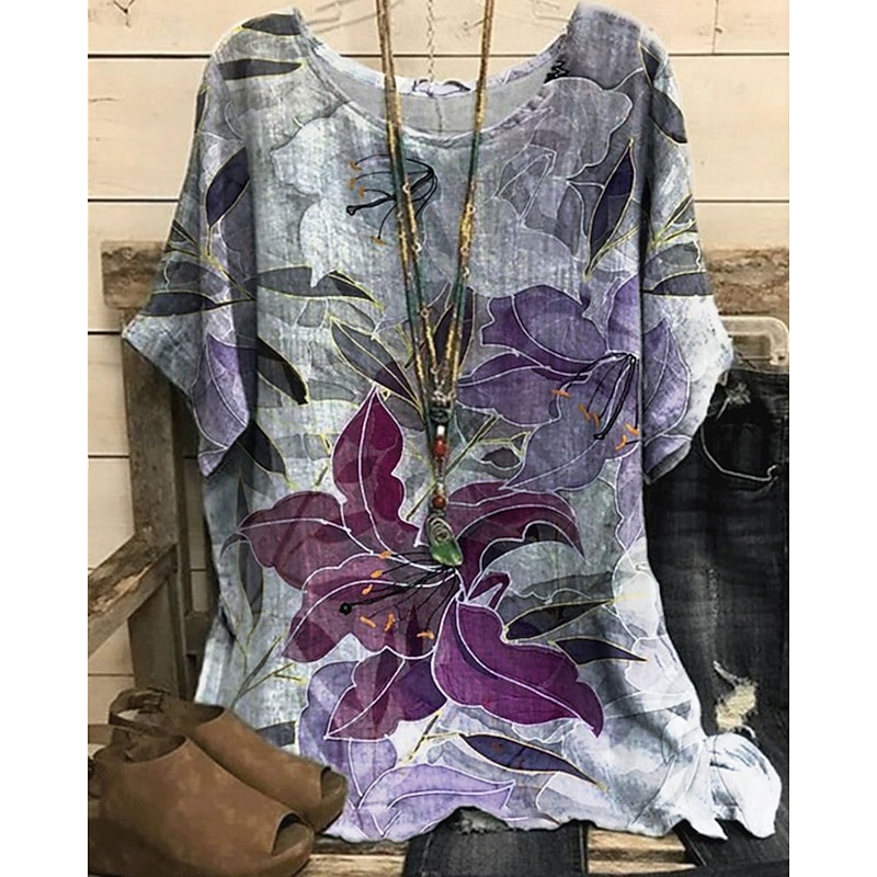 Women's Shirt T Shirt Tee Top Flowers Elegant Fashion Modern Short Sleeve Crew Neck Regular Tops Daily Weekend Print White Pink Blue Purple Green Summer