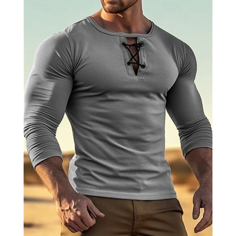 Men's T Shirt Tee Tee Top Long Sleeve Shirt Long Sleeve Crew Neck Summer Spring Plain Fashion Designer Basic Lace up Vacation Street Going out Black Yellow Green Top Tee for Men