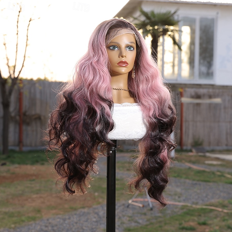 Synthetic Lace Wig Body Wave Style 30 inch Pink Middle Part 13x4 Lace Front Wig Women's Wig Pink+Red4