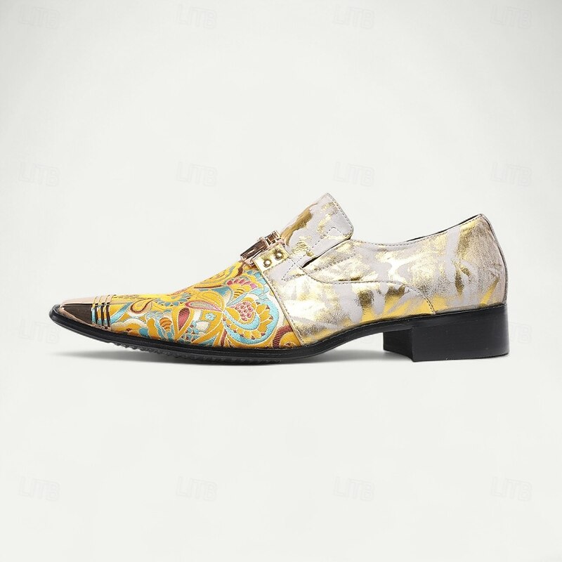 Men's Gold and White Leather Floral Design Dress Shoes–Elegant Formal Footwear for Weddings and Gala Events4