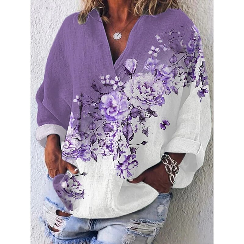 Women's Shirt Floral Basic Casual Long Sleeve V Neck Regular Tops Daily Print White Blue Purple Violet Summer4