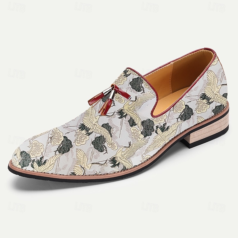Men's Floral Jacquard Slip-On Loafers with Tassel Detail - Premium Embroidered Shoes for Semi-Formal and Casual Outings3