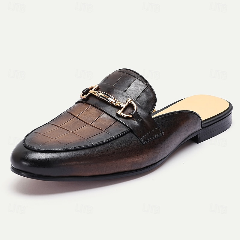 Men's Brown Leather Mule Shoes with Crocodile Pattern and Gold Buckle - Luxury, Stylish, Suitable for Business, Formal Occasions and Evening Wear2