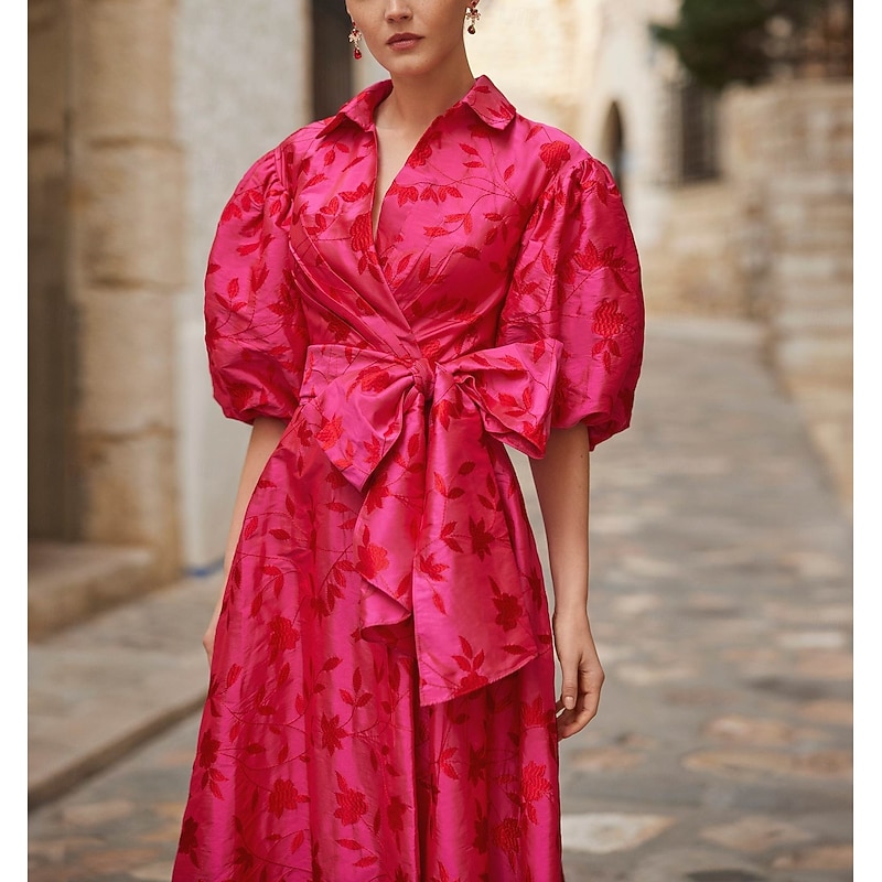 A-Line Cocktail Dresses Elegant Dress Formal Wedding Floor Length 3/4 Length Sleeve Shirt Collar Pocket Satin with Floral Print Bow(s) Slit Wedding Guest Dress3