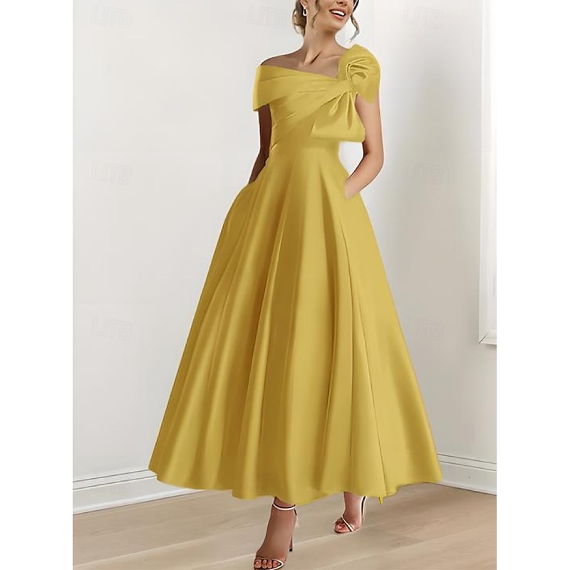 A-Line Cocktail Dresses Elegant Dress Formal Wedding Guest Ankle Length Short Sleeve One ShoulderDress Satin with Bow(s) - Main Image