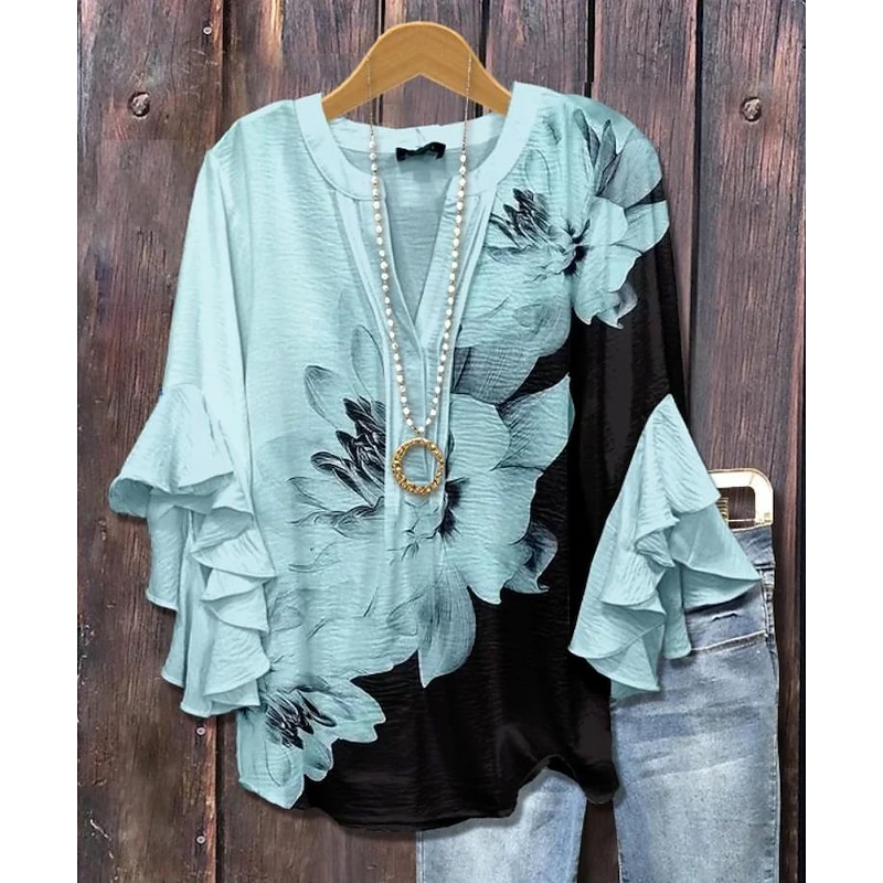Women's Blouse V Neck Floral Graphic Paisley Bohemia Vintage Daily Long Sleeve 3/4 Length Sleeve Flutter Sleeve Regular Tops Daily Holiday Vacation Wear Ruffle Print Pink Blue Beige Gray Summer4