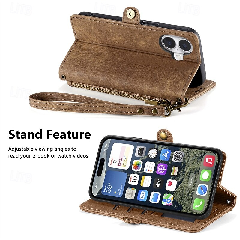 Phone Case For iPhone 16 15 14 Pro Max Plus 16e 13 12 11 Pro Max Wallet Case Flip Cover with Wrist Strap Shockproof Retro Geometric Pattern TPU PU Leather4