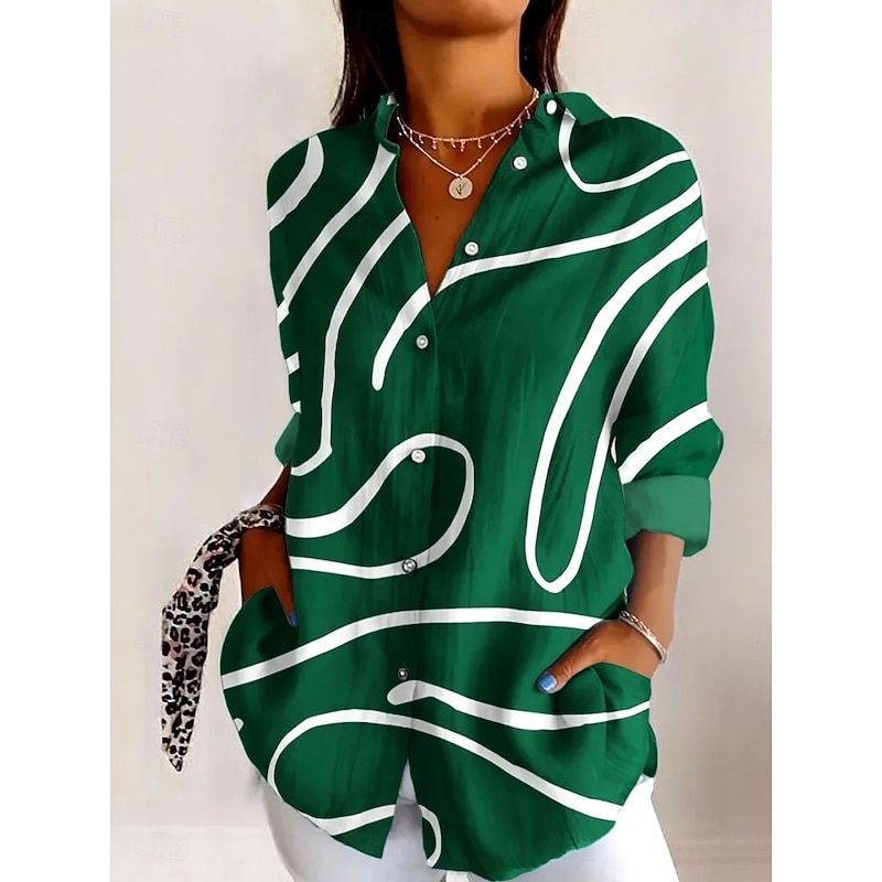 Women's Shirt Button Down Tunic Shirt Collar Long Sleeve Graphic Geometric Striped Daily Stylish Casual Regular Tops Work Daily s Print White Blue Brown Green Spring