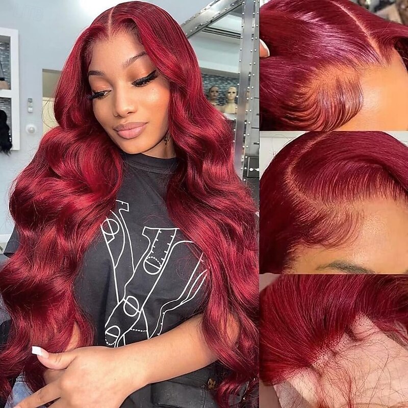 13X4 99J# Burgundy Lace Front Human Hair Wig Body Wave Transparent Front Lace Wig 150% Density