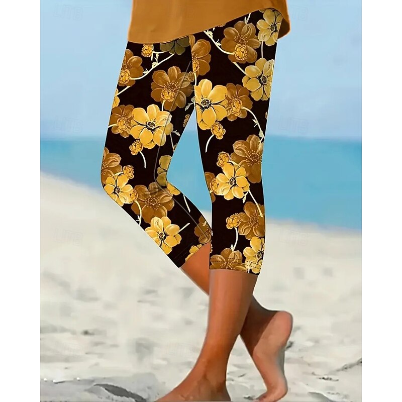Women's Capri Pants Leggings Cozy Leggings Streetwear Casual Calf-Length Natural Floral Print Comfy Outdoor Comfortable Outdoor Vacation Casual Daily Yellow Blue Summer Regular Fit4