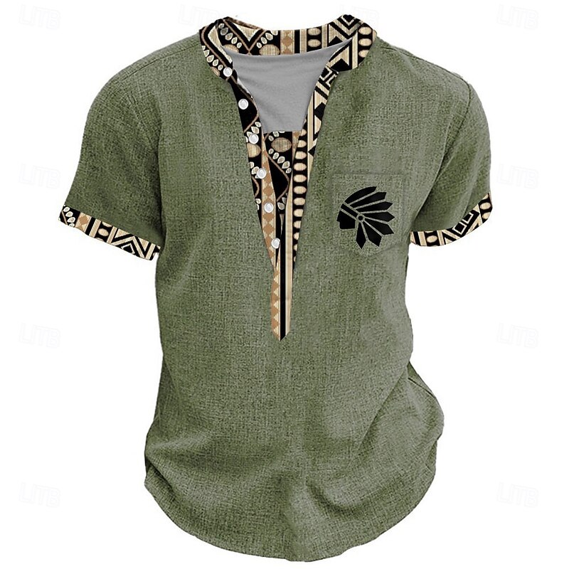 Men's Tribal Ethnic T Shirt Henley Shirt Tee Short Sleeve Designer Basic Ethnic Outdoor Casual Daily Summer Yellow Light Green Khaki Henley Henley T-Shirt