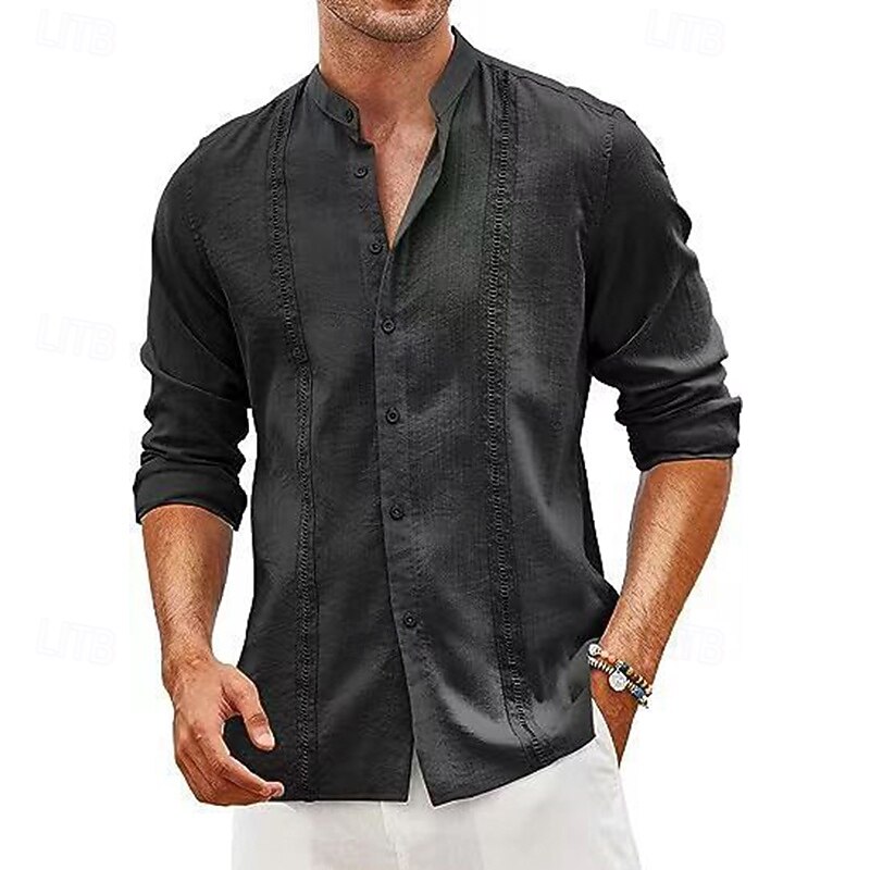 Men's Shirt Linen Shirt Guayabera Shirt Summer Shirt Beach Wear Button Up Shirt Solid Color Vacation Holiday Black White Light Green Pink Long Sleeve Shirt Collar Summer Spring Clothing Apparel4