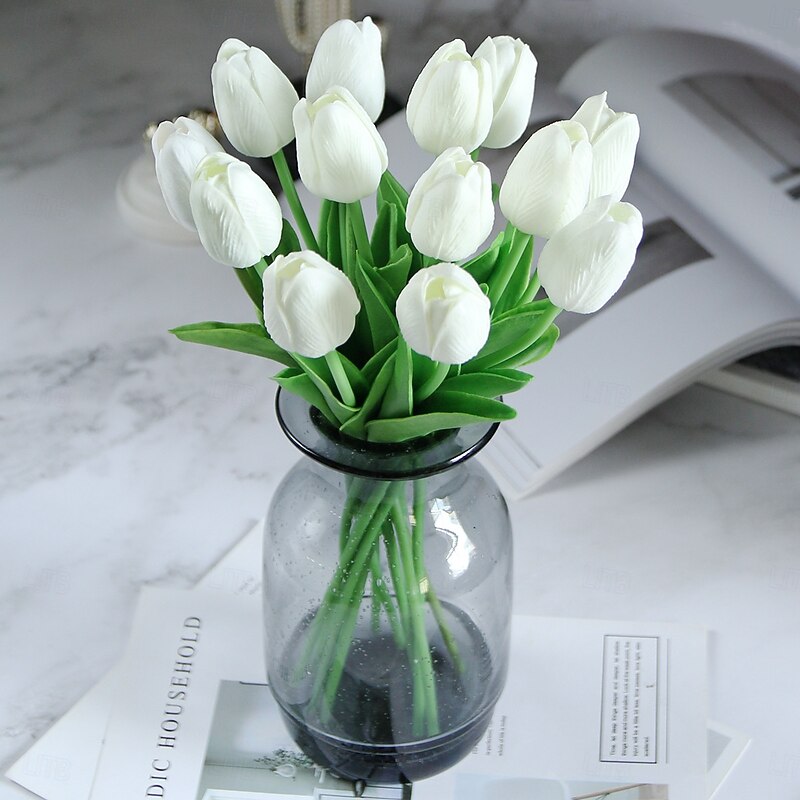 PU Tulip Artificial Flower, Realistic Simulation Tulip for Home Decoration, Wedding Fake Flower, Soft Touch Feel, Elegant Faux Tulip Arrangement
