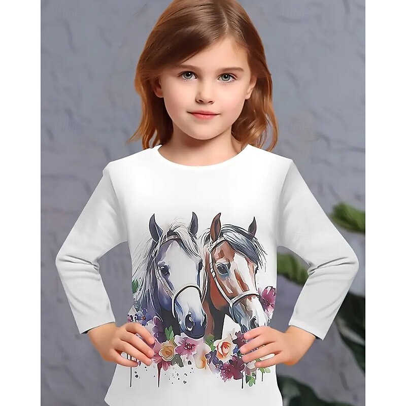 Girls' 3D Animal Horse T shirt Tee Long Sleeve Spring Fall Fashion Basic Kids 4-12 Years Crew Neck Outdoor Casual Daily Regular Fit3