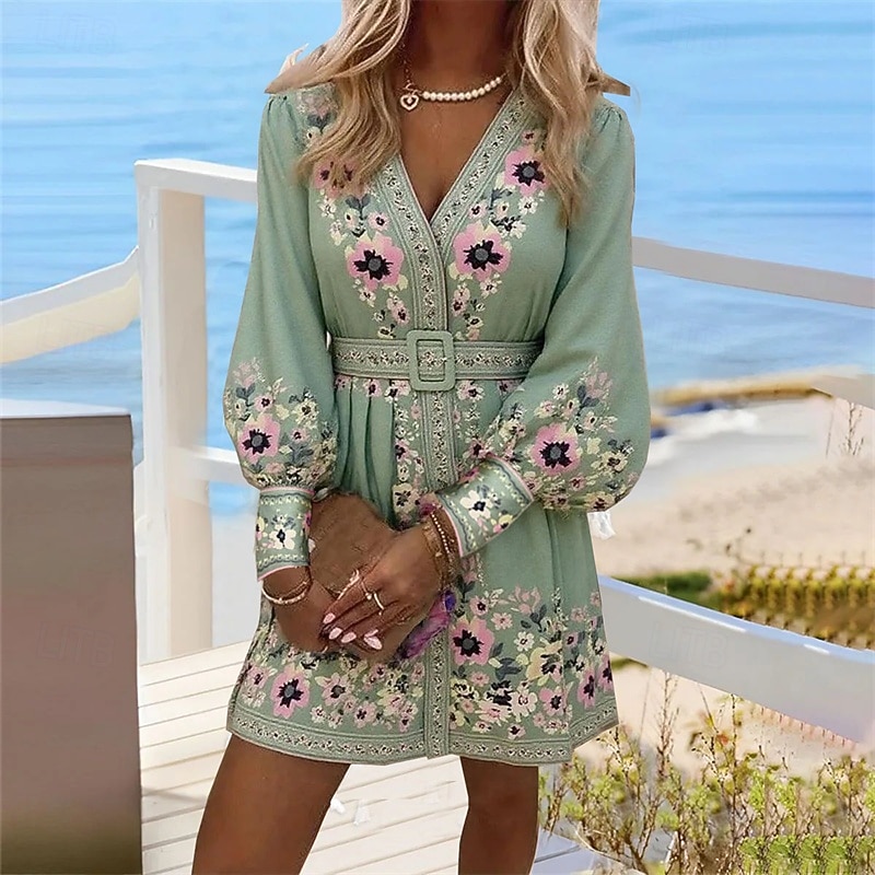 Women's Mini Dress Casual Dress Summer Dress Fashion Outdoor Party Holiday Regular Fit Flower Long Sleeve V Neck Blue Purple Green Summer