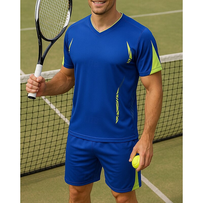 Men's Geometric Sports Set Tennis Set Two-piece Suit Short Sleeves Printing Sweat-Wicking Moisture Wicking Breathable Tennis Golf Pickleball V Neck Blue Green Tennis Clothing4