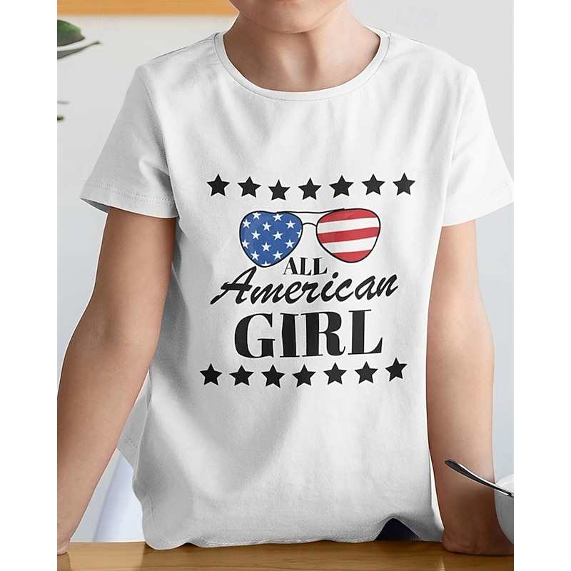 100% Cotton American Independence Day Kids Girls' Black White USA T shirt Tee Crew Neck Short Sleeve Outdoor Vacation Daily Classic Casual Print Summer
