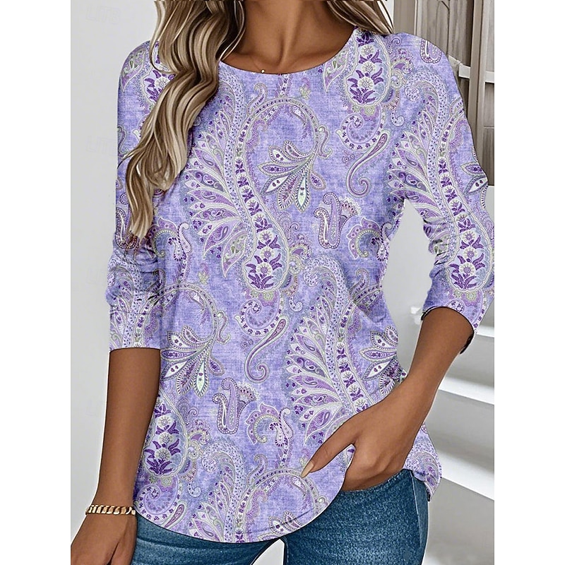 Women's T shirt Long Sleeve Crew Neck Long Sleeve Tunic Floral Graphic Paisley Vintage Stylish Classic Regular Tops Daily Weekend Print Pink Blue Purple  Prefall