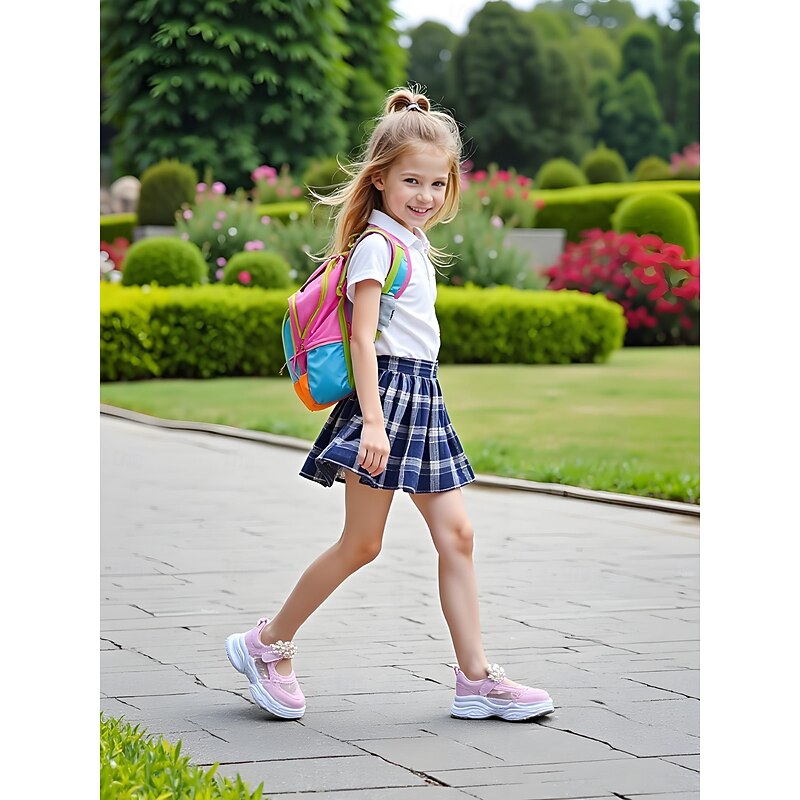 Girls' Pink Mesh Mary Jane Sneakers with Pearl Strap – Breathable Lightweight Back to School Sport Sandals for Playground and Daily Wear2