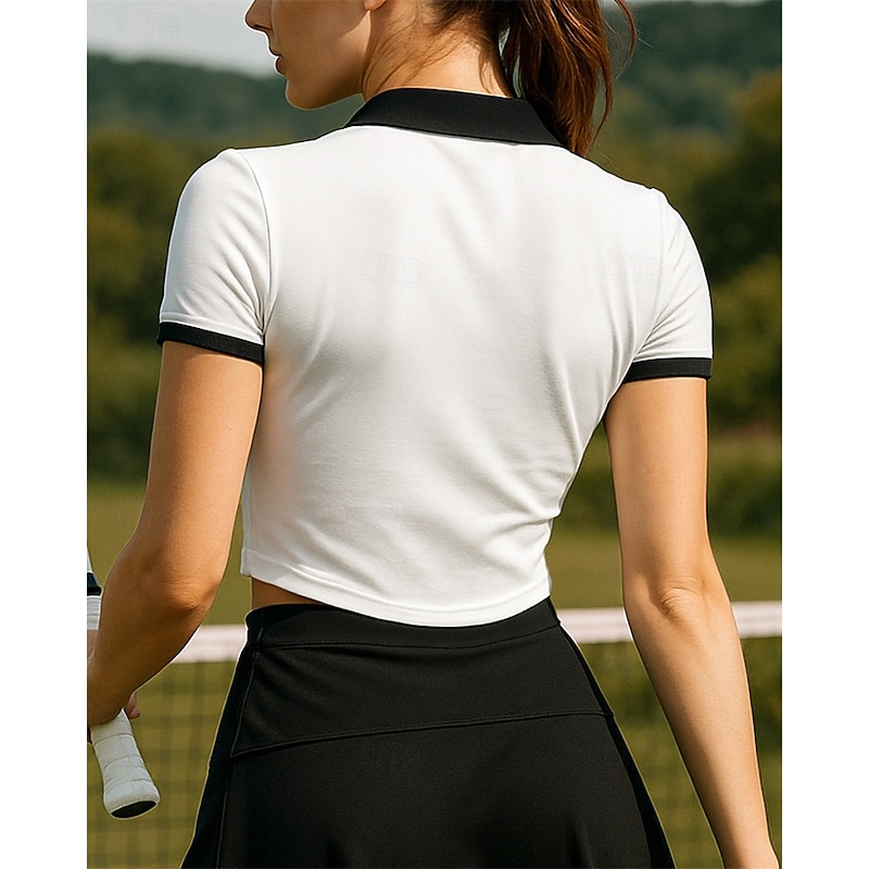 Women's Color Block Tennis Top Short Sleeves Sweat-Wicking Moisture Wicking Breathable Tennis Golf Pickleball Turndown Black White Tennis Clothing3