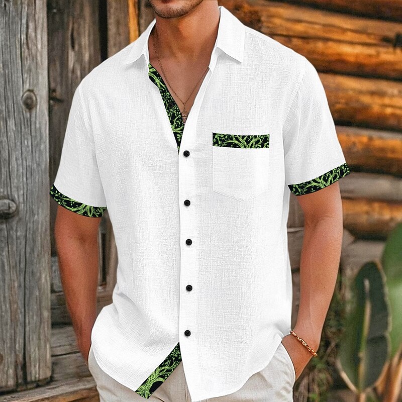 Men's Shirt Linen Shirt Viking Style Summer Shirt Beach Wear Button Up Shirt Solid Color Vacation Curise Black White Pink Khaki Short Sleeve Collar Summer Spring & Summer Clothing Apparel Patchwork
