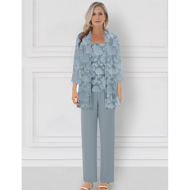 Floral Lace Pantsuit 3 Piece Mother of the Bride Pantsuit Elegant Simple Minimalist Crew Neck Floor Length Chiffon 3/4 Length Sleeve with Jacket4