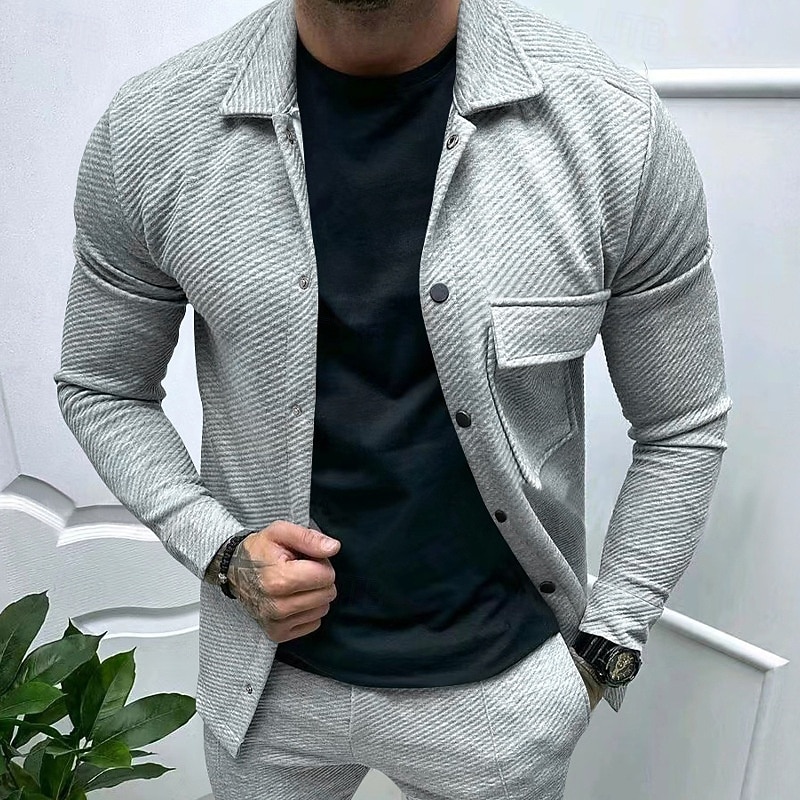 Men's Shirt Jacket Transition Jacket Daily Lightweight Jacquard Summer Spring Plain Classic Lapel Black White Khaki Light Grey Dark Gray Jacket2