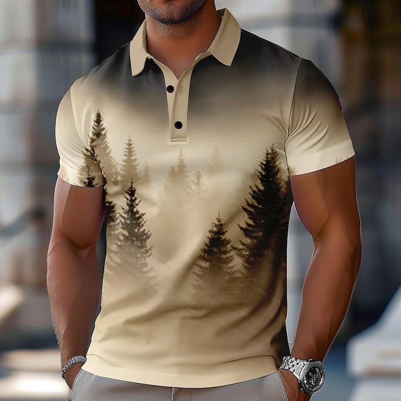 Men's Mountain Polo Short Sleeve Polo Shirts Collared Shirts Casual School Outdoor Daily Wear 3D Print Summer Brown