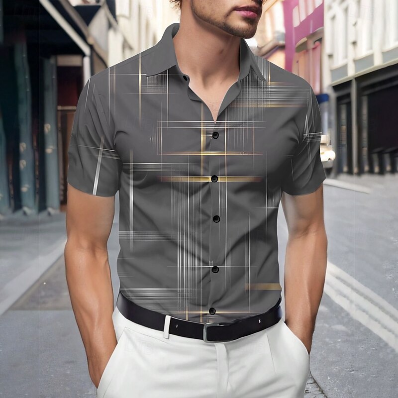 Men's Geometric Gradient Line Shirt Summer Shirt Button Up Shirt Short Sleeve Fashion Casual Outdoor Vacation Dailywear Summer Spring Turndown 3D Print Collared Shirts Black Pink Blue Dark Blue Gray4