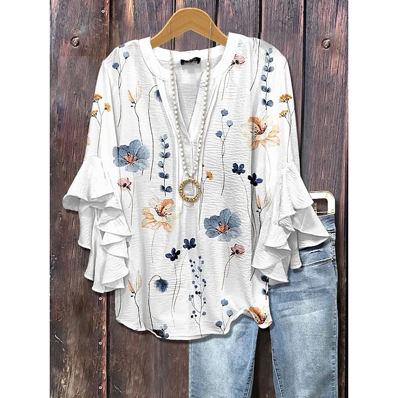 Women's Blouse V Neck Ombre Floral Graphic Elegant Bohemia Ethnic 3/4 Length Sleeve Regular Tops Daily Holiday Vacation Wear Ruffle Print White Yellow Light Green Purple Rose Pink Summer Spring Fall4