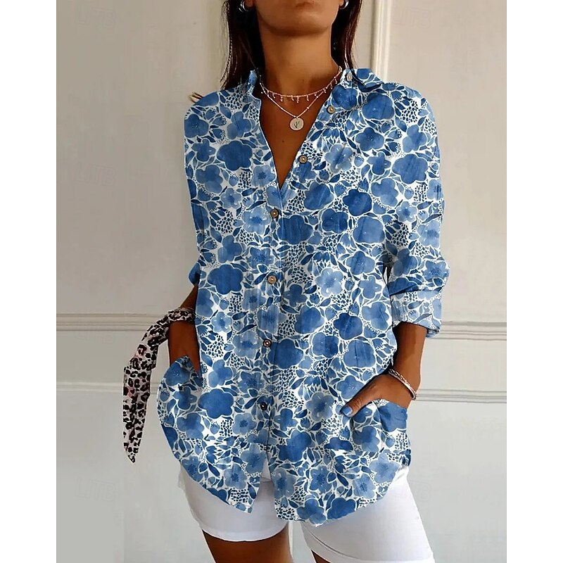 Women's Shirt Flower Daily Stylish Basic Half Sleeve V Neck Regular Tops Daily Holiday Print Pink Blue Brown Spring Fall3