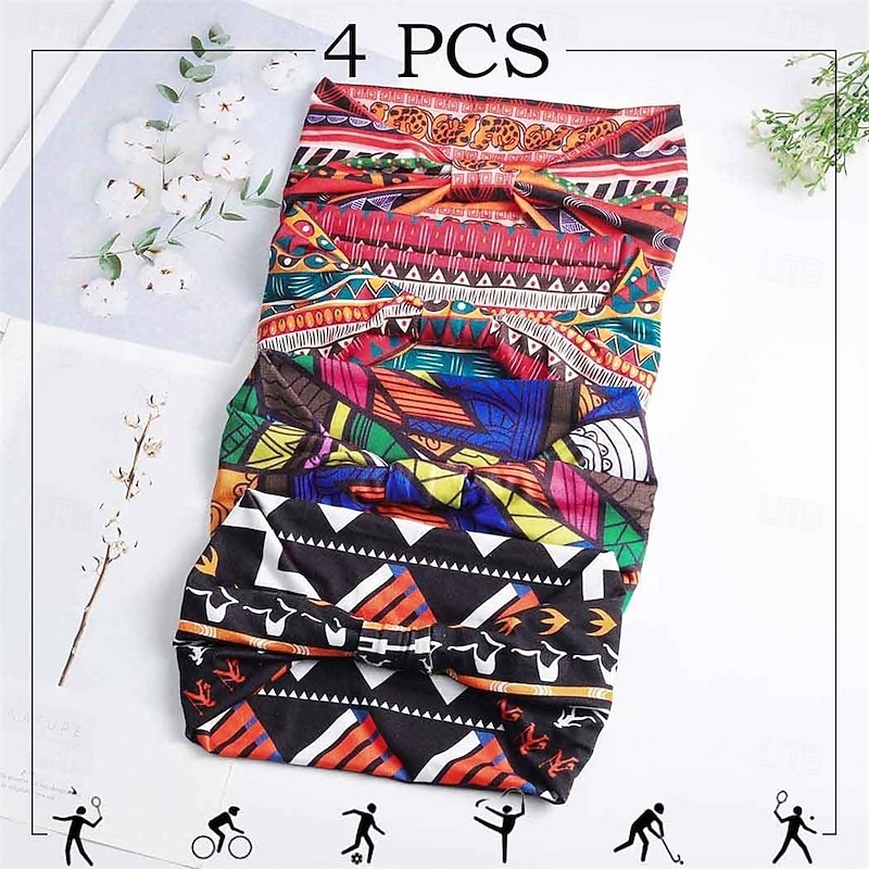 African Headbands Boho Knotted Hairbands Stretch Wide Head Wraps Elastic Yoga Turban Hair Scarfs Workout Printed Hair Accessories for Women Pack of 42