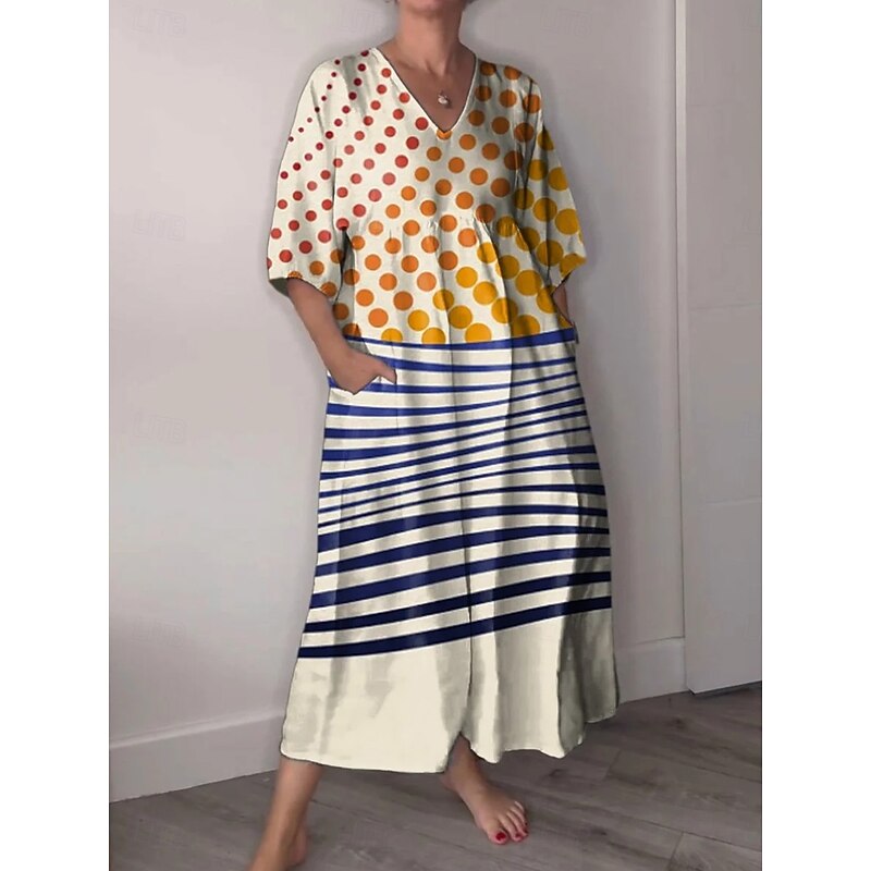 Women's Midi Dress Sundress A Line Dress Vacation Casual Boho Going out Beach Graphic Geometric 3/4 Length Sleeve V Neck Yellow off-white Summer Spring4
