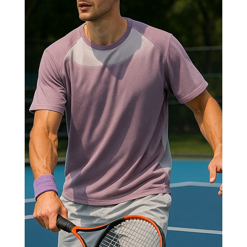 Men's Patchwork Sport Shirt Tennis Shirt Tennis Tee Short Sleeves Sweat-Wicking Moisture Wicking Breathable Tennis Golf Pickleball Crew Neck Yellow Light Grey Purple Tennis Clothing3