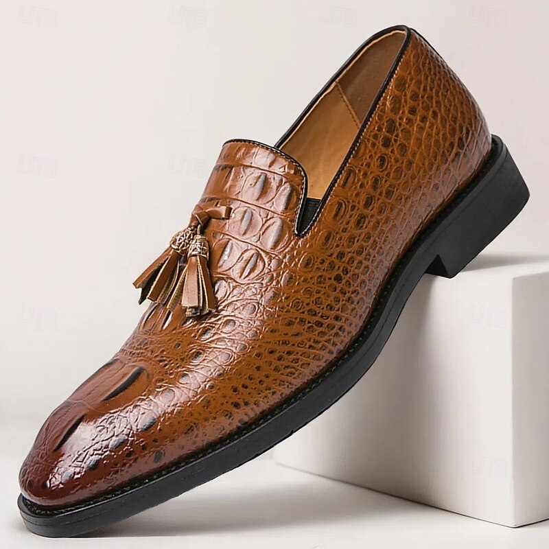 Men's Brown Crocodile Pattern Slip-On Loafers with Tassels – Premium Formal Shoes for Business Meetings, Evening Affairs and Cocktail Parties