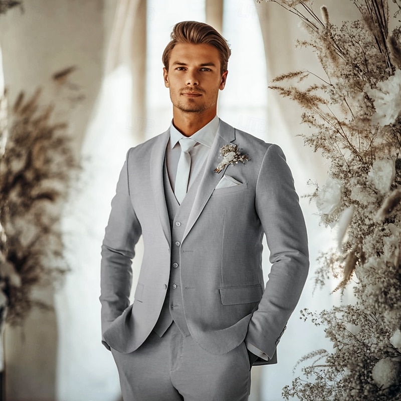 Men's Wedding Linen Suits Light Grey Fashion Formal Summer Solid Colored Standard Fit 3 Piece Single Breasted Two-buttons