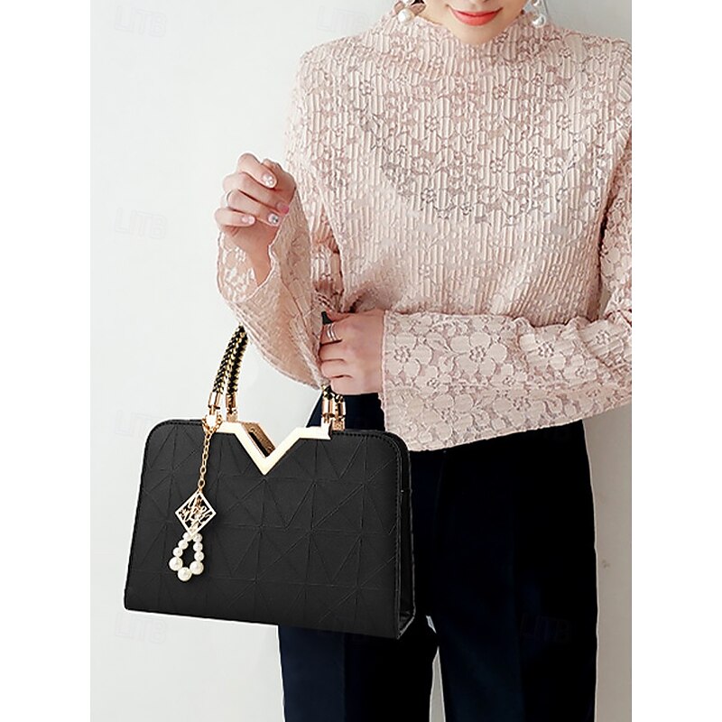 Women's Faux Leather Handbag with Pearl Pendant – Elegant Geometric Top Handle and Crossbody Bag for Office, Daily Commute and Formal Events4