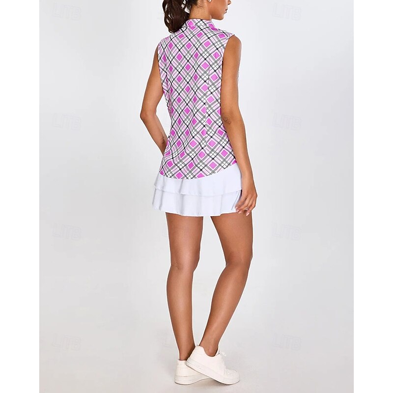 Women's Checkered Tennis Shirt Sleeveless Print UPF50+ Quick Dry Tennis Golf Badminton Zip Collar Tee Tshirt Top Purple Tennis Clothing3