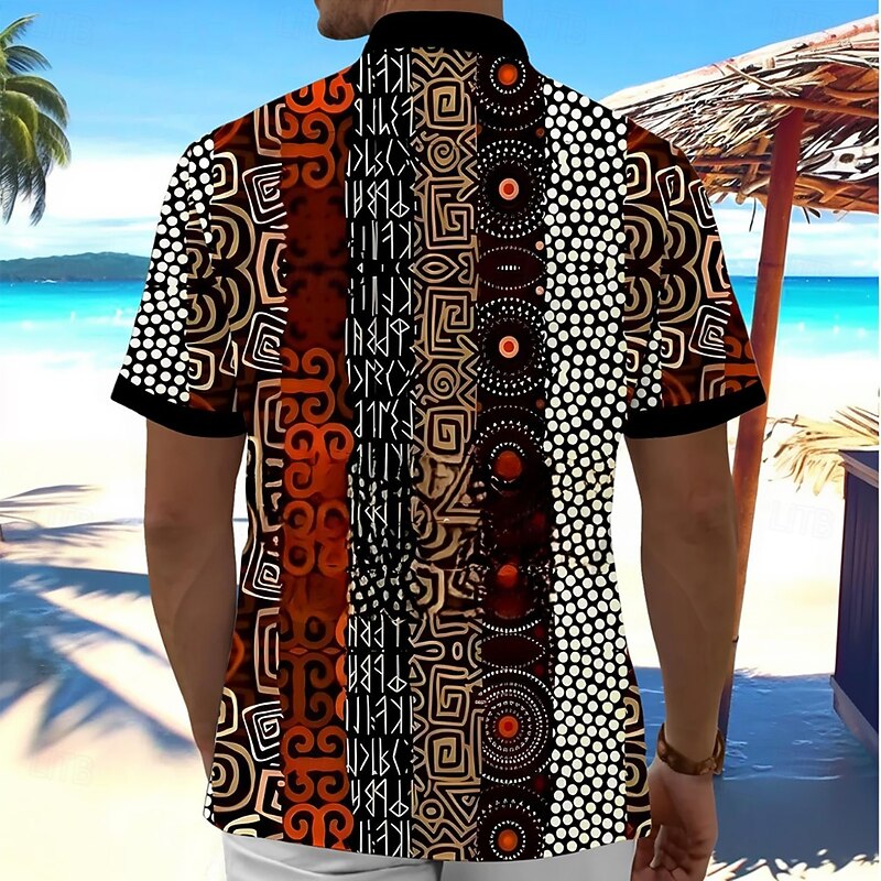 Men's Geometric Ethic / African Shirt Button Up Shirt Short Sleeves Vintage Retro Casual Daily Summer Spring Turndown 3D Print Front One Pocket Linen Like Shirt Black2
