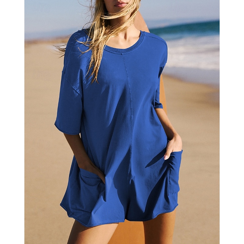 Women's Normal Romper Basic Solid Color Short Sleeve Crew Neck Pocket Street Going out Regular Fit Black White Pink Summer3