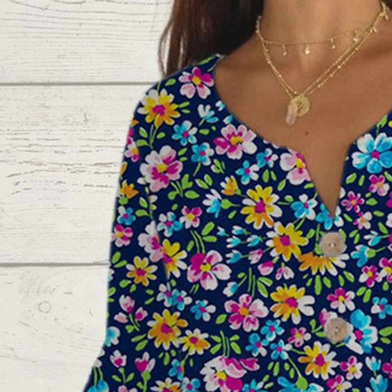 Women's Shirt Summer Tops Floral Graphic Classic Casual 3/4 Length Sleeve V Neck Regular Tops Daily Weekend Print Rainbow Summer Spring Fall3
