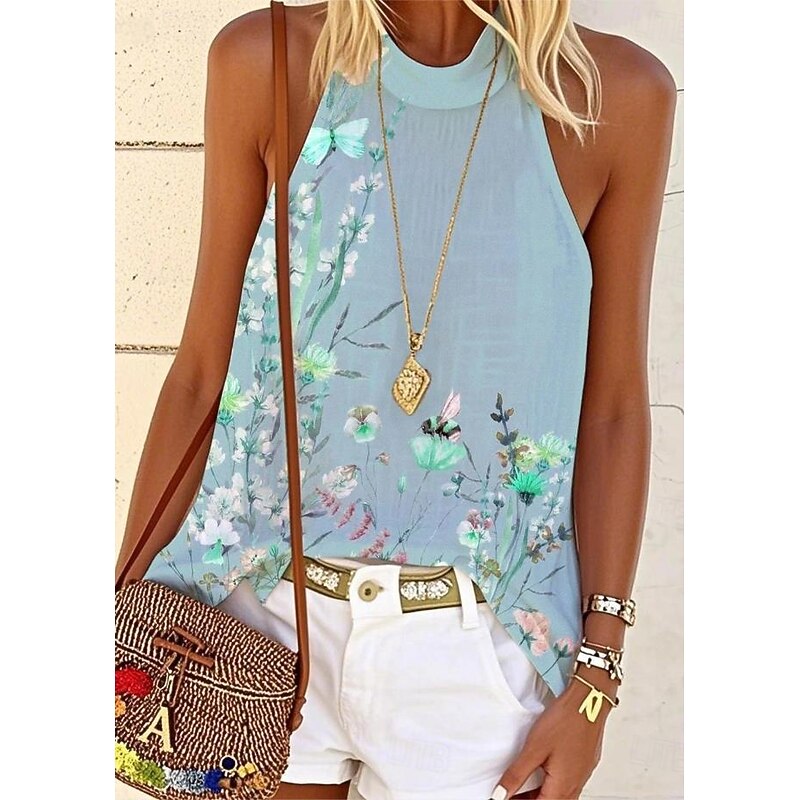 Women's Tank Top Floral Graphic Daily Casual Sleeveless Halter Neck Regular Tops Daily Print Pink Blue Green Summer Spring3