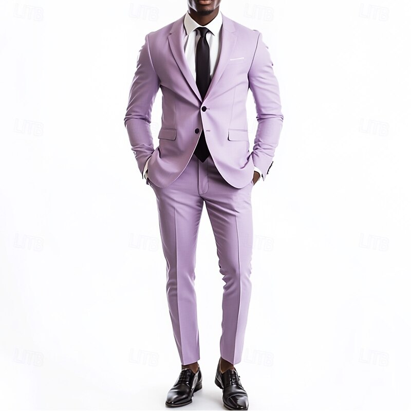 Men's Wedding Business Suits Lilac Purple Summer Fashion Formal Solid Colored Standard Fit 2 Piece Single Breasted Two-buttons