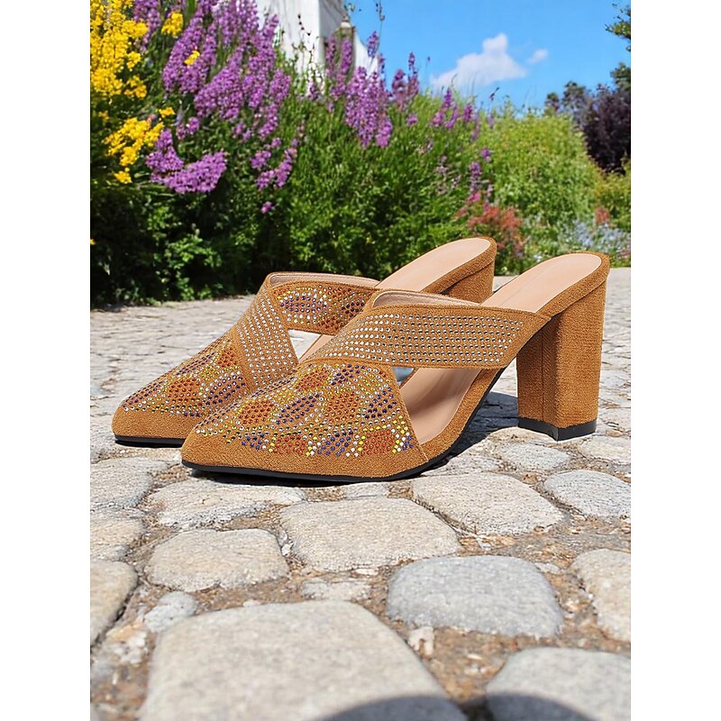 Women's Gold Glitter Block Heels with Rhinestone Design - Stylish Low Heel Shoes for Daily Wear and Dates3