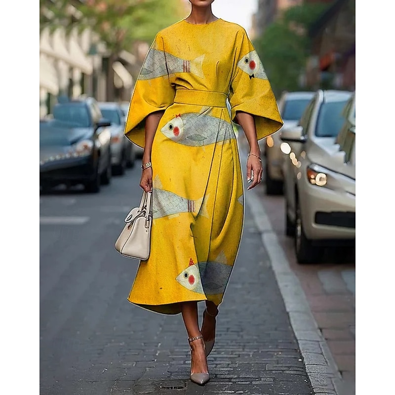 Women's Midi Dress Floral Dress Print Dress Elegant Fashion Outdoor Vacation Holiday Regular Fit Flower Half Sleeve Crew Neck Yellow Wine Red Summer2